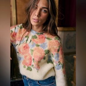 Sezane Floral Sweater - Cream, Pink, and Blue